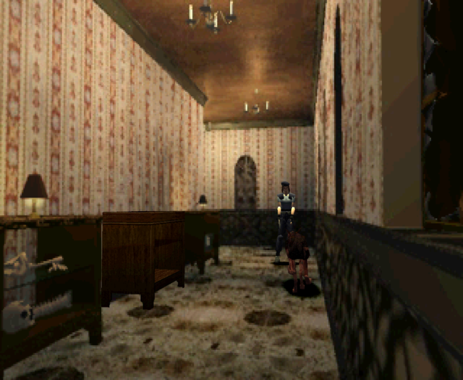 Jill fights against a zombie dog.