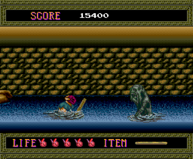 The main character wades through water while fighting an enemy.