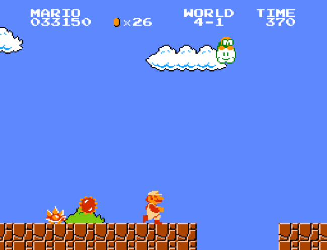 Mario runs from a spiny enemy dropped by a lakitu.