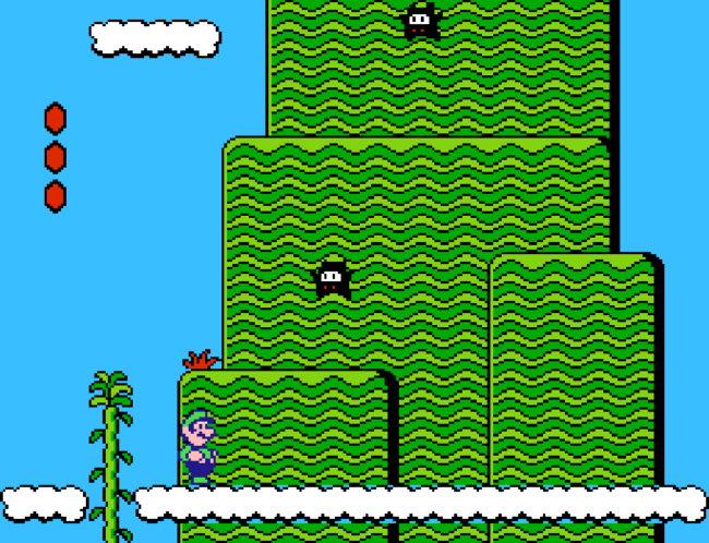 Luigi makes his way upward through a sky stage.
