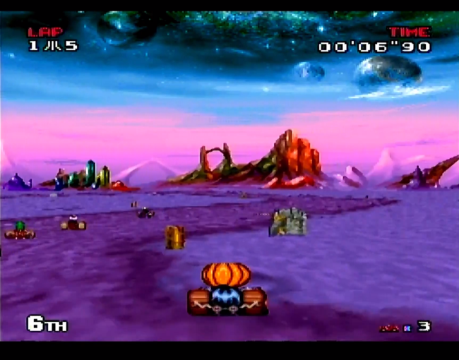Racing in one of the nighttime stages in Atari Karts.