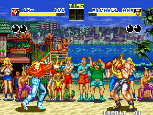 Terry Bogard faces off against Michael Max on Sound Beach.