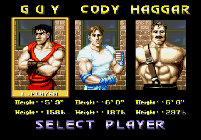 The character select screen on Final Fight CD.