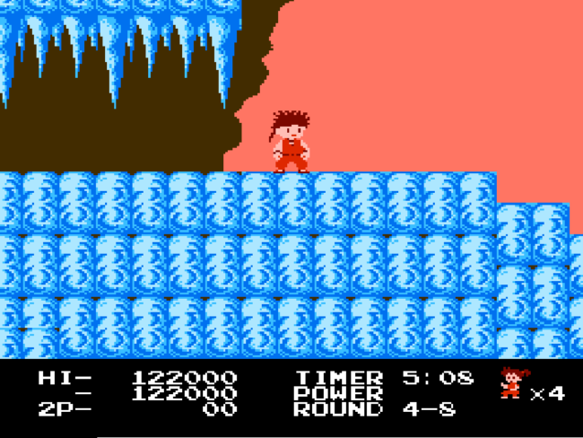 Kid Niki emerges from a cave in an ice world.