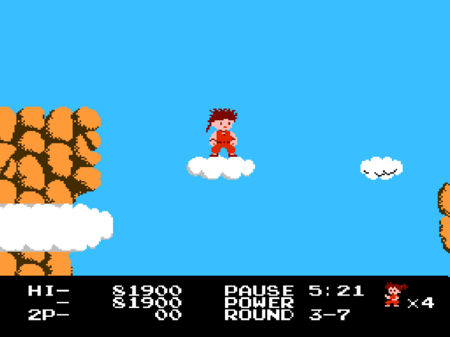 Kid Niki jumps across cloud platforms in a mountain stage.