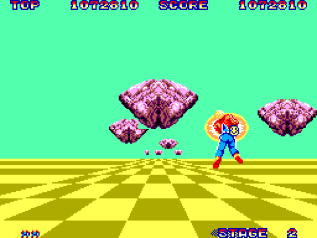 Harrier dodges floating rocks in an early stage in the game.