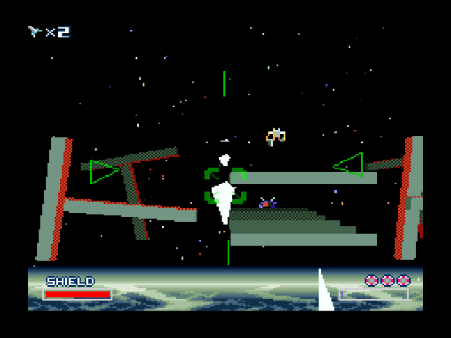Star Fox and friends shooting down crafts in a space zone.