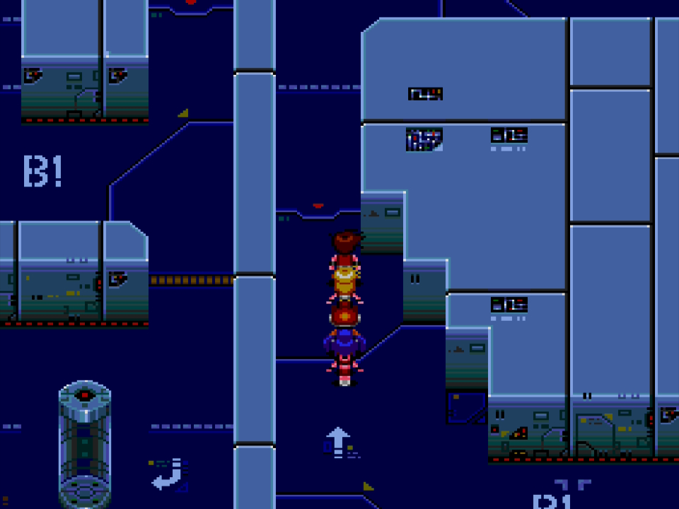 The team of cosmic hunters explores a futuristic styled dungeon.