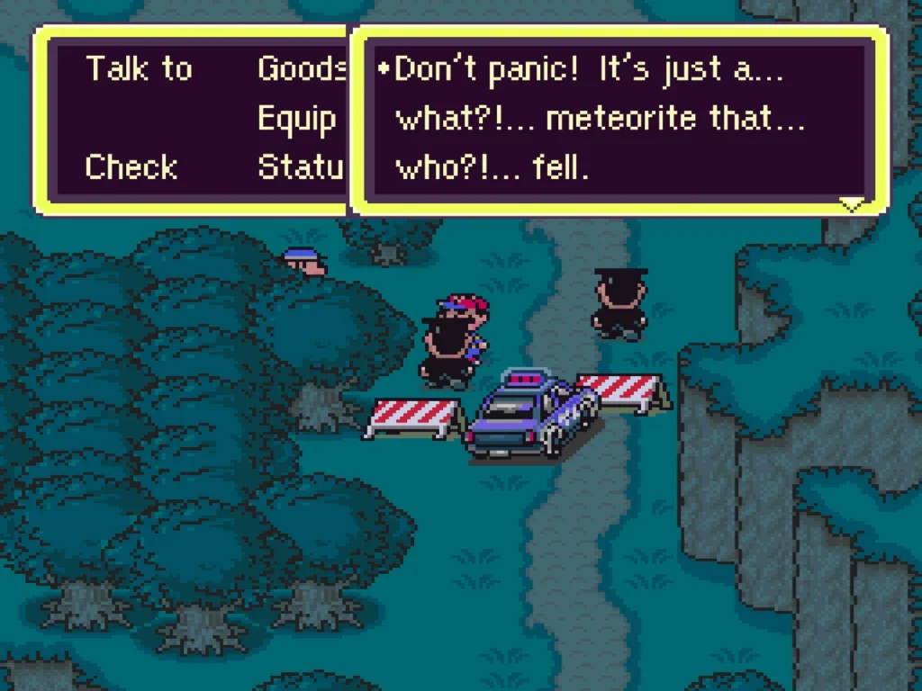 Ness and his dog interact with a policeman in the town of Onett at night.