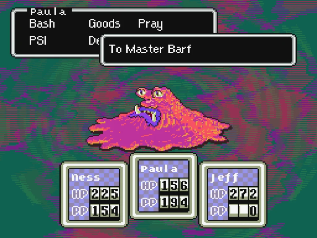 Ness and party battle against an enemy named Master Barf.