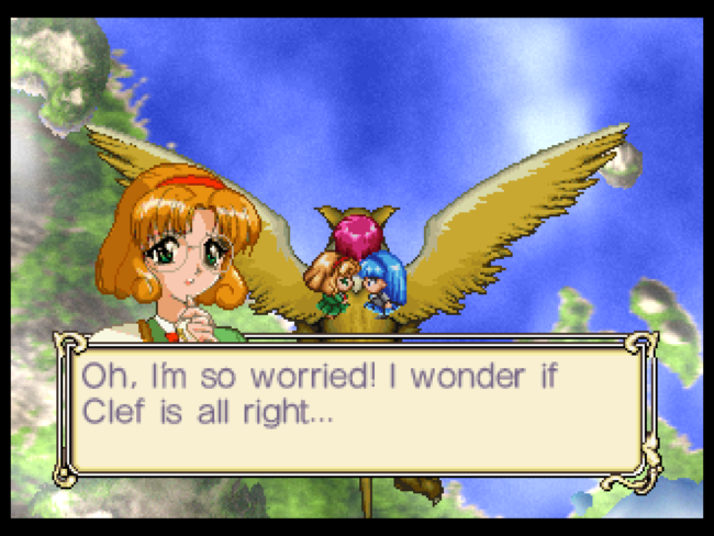The three girls fly on top of a giant bird.