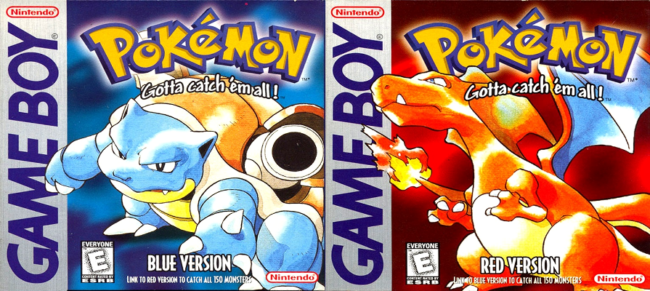 Front cover for Pokemon Blue and Pokemon Red versions for the original Game Boy.