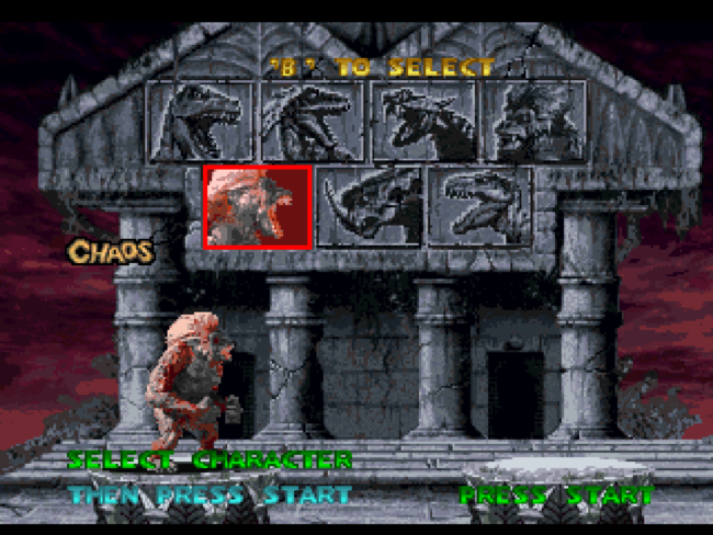 The character select screen in Primal Rage.