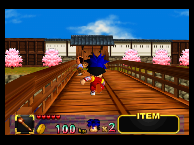 Goemon runs across a bridge.