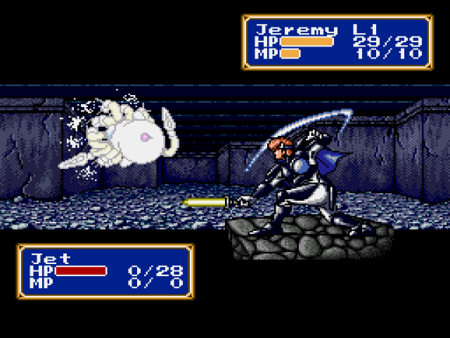A member of the Shining Force attacks an enemy.