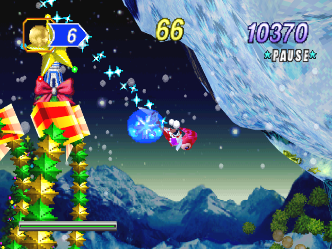 The main character flies through the sky on a snowy landscape.