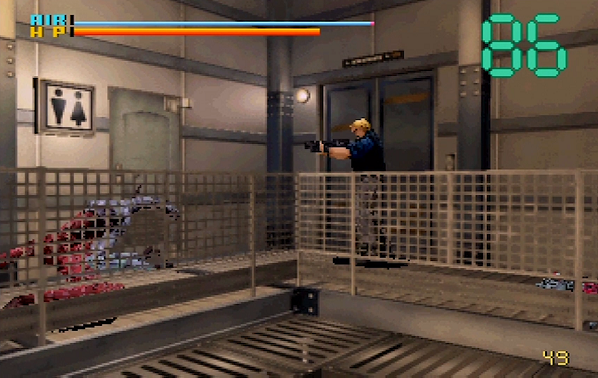 The main character in Deep Fear raises his weapon to shoot a mutant.