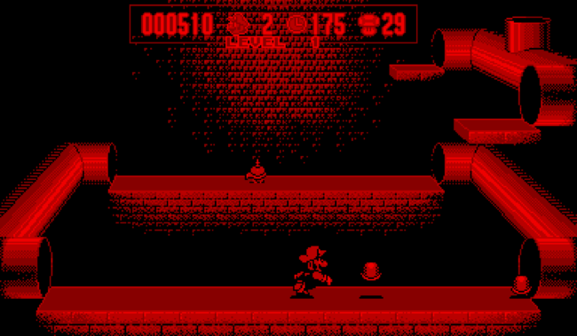 Mario throws a shell in an early stage of Mario Clash.