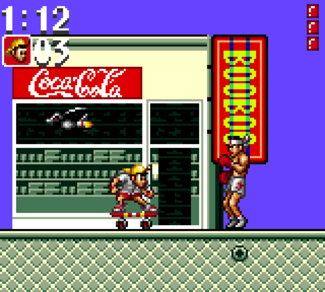 The protagonist rides a skateboard toward an enemy in an outdoor stage.