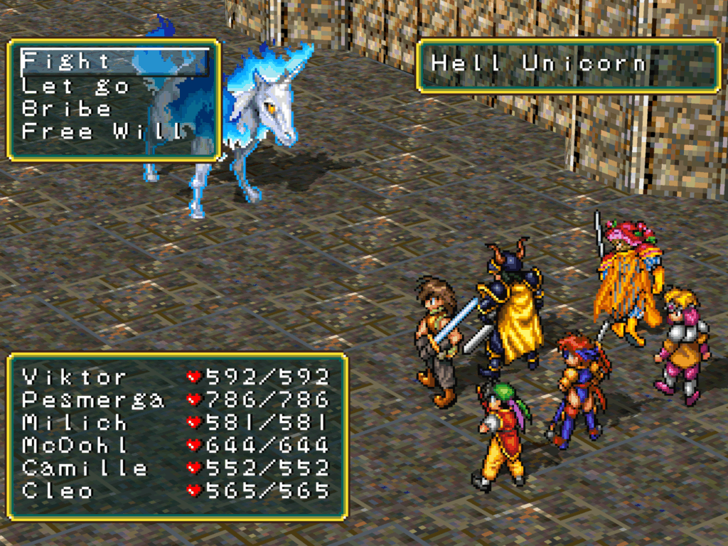 Tir and a party of five other characters battle against a unicorn surrounded by blue flames.