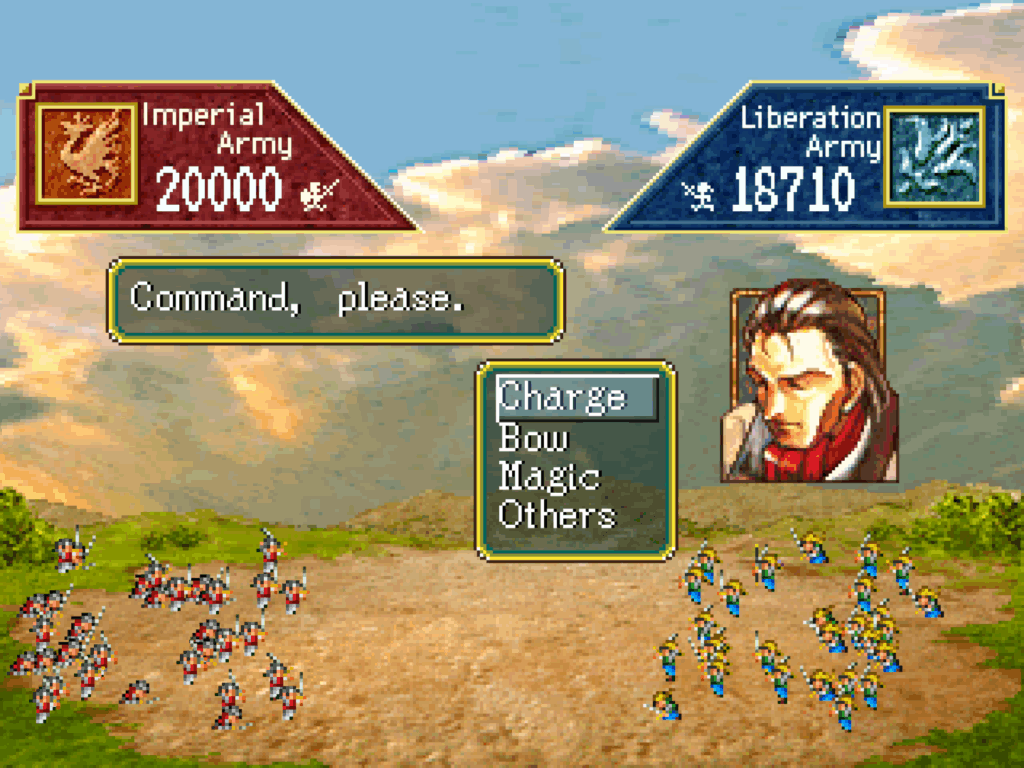 The command menu during an army battle in Suikoden.