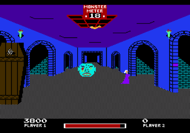 A ghost looks at the player in the main corridor of a haunted house.