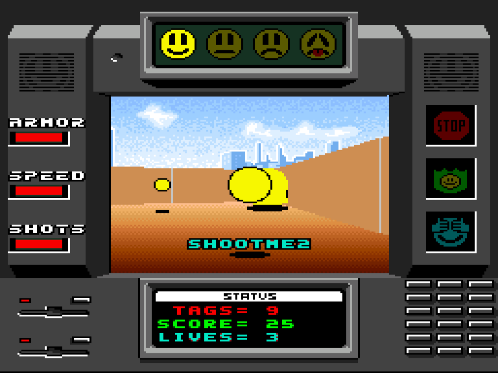 The player fires at a smiloid called Shoothe2 in an outdoor area.