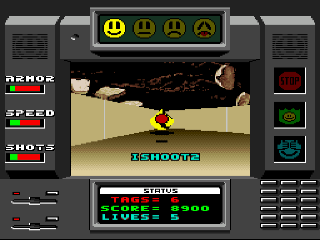 The player attacks another smiloid in a night time level.