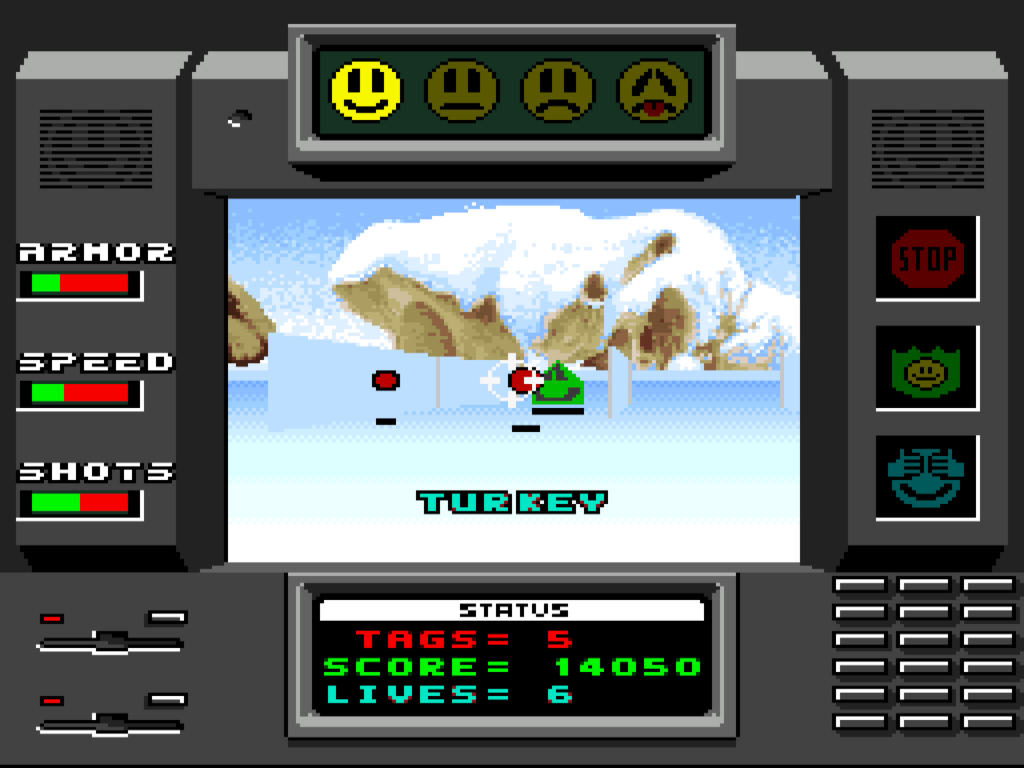 A snowscape stage with a green enemy with a happy face in the distance.