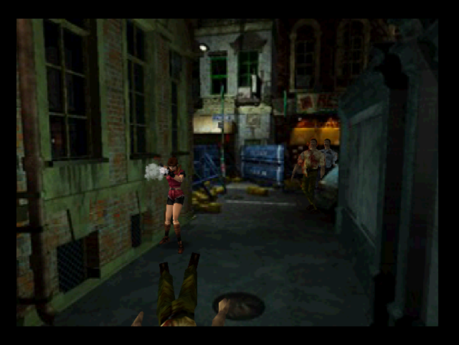 Claire Redfield battles zombies on the streets of Raccoon City.