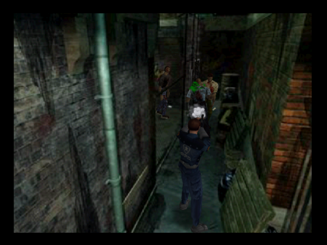 Leon Kennedy battles zombies in an alleyway.