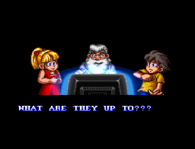 Mega Man, Roll, and Dr. Light watch Wily's robot masters attack a soccer stadium on TV.