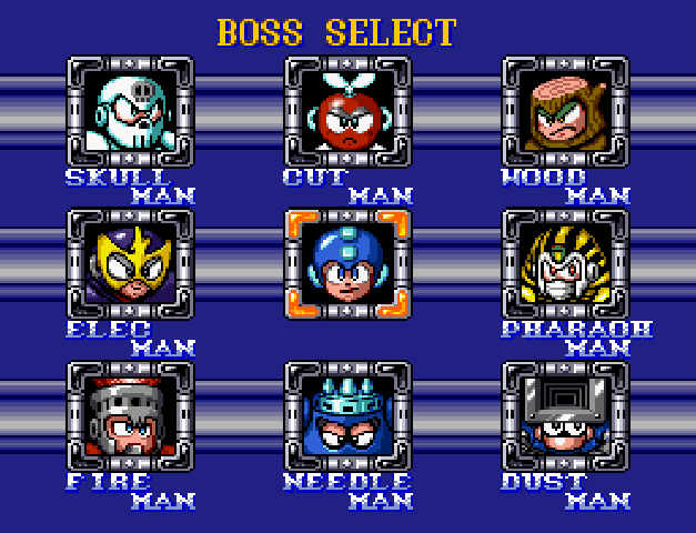 The boss select screen in Mega Man Soccer.