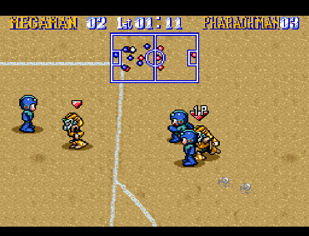 Mega Man plays a soccer match against Pharoah Man on his stage.