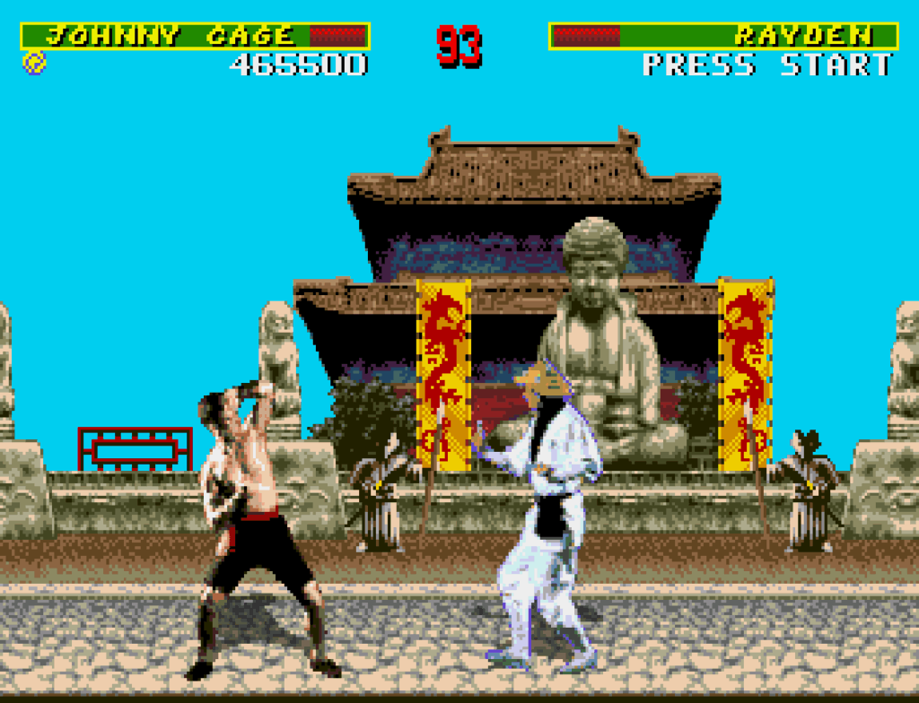 Johnny Cage fights against Raiden in an outdoor stage with a temple in the background.