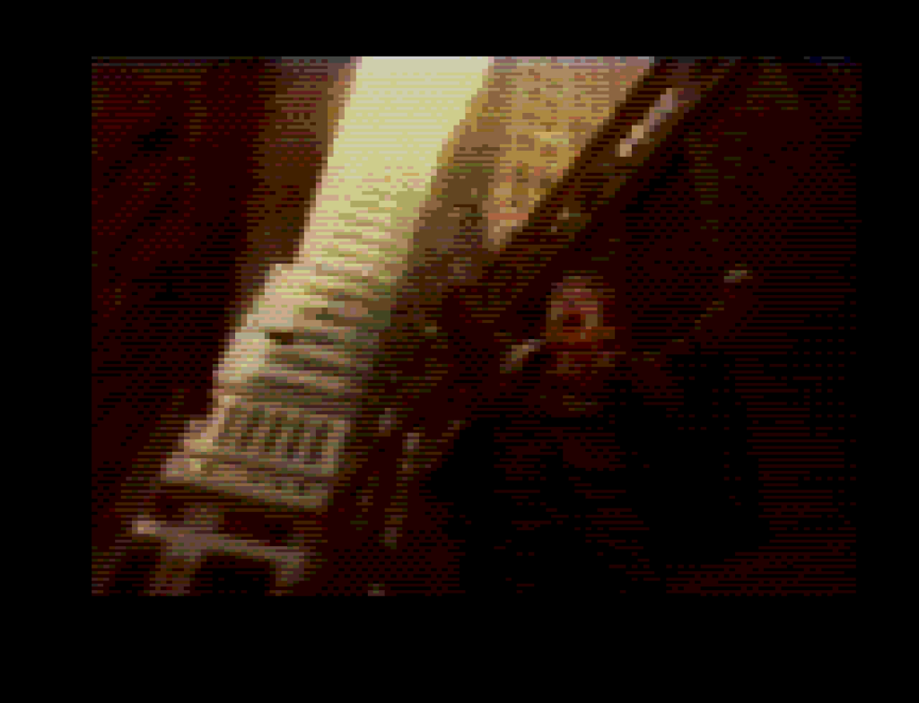 A grainy full motion video of a child holding up his arms in the opening movie for this game.