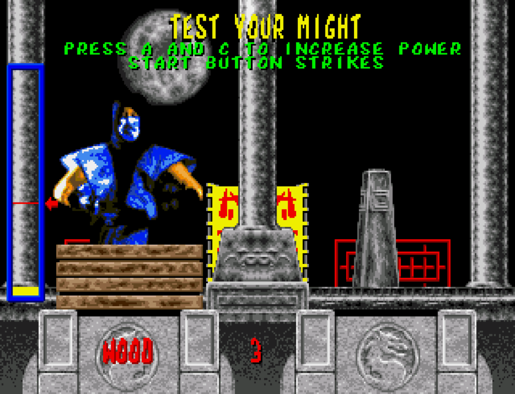 Sub-Zero standing in front of several pieces of wood in a mini-game.