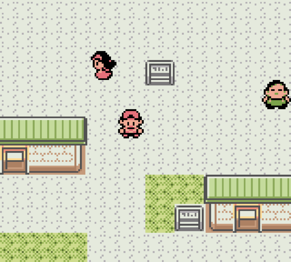 The main character in Pokemon Gold explores a town with people walking around in it.