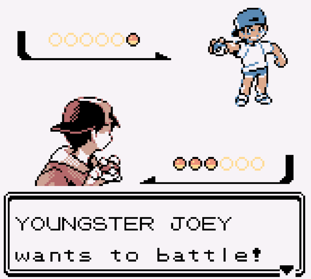Two characters face off against each other before starting a Pokemon match.