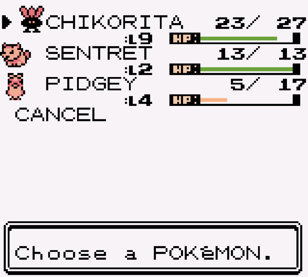The menu showing three Pokemon in the player's inventory.