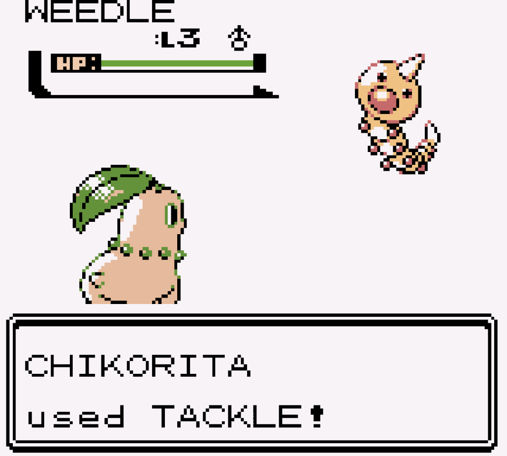 The player's Chikorita fights an enemy Weedle in a basic battle.