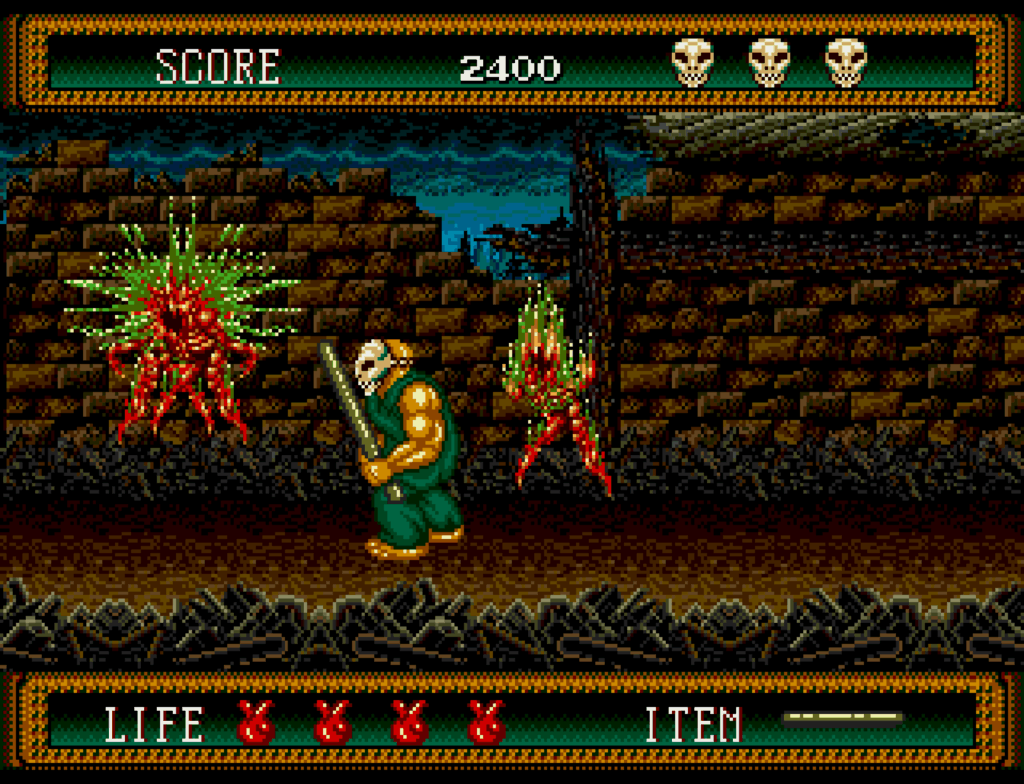 Rick holds a lead pipe after knocking enemies into the wall in the background.