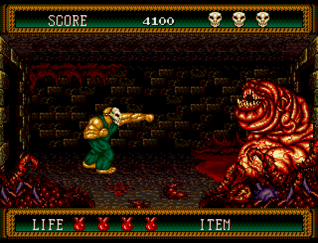 Rick stands in front of a boss that looks like a giant worm with a mouth.