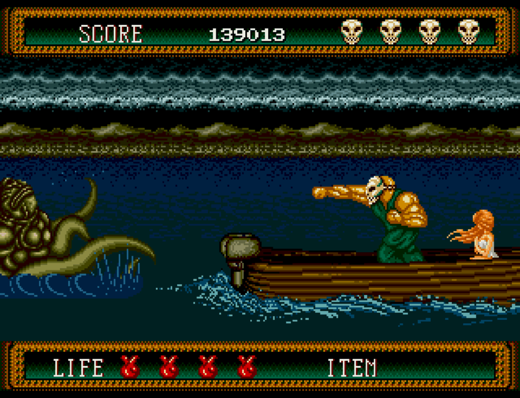Rick punches toward a kraken enemy in the water while riding a boat with Jennifer sitting behind him.