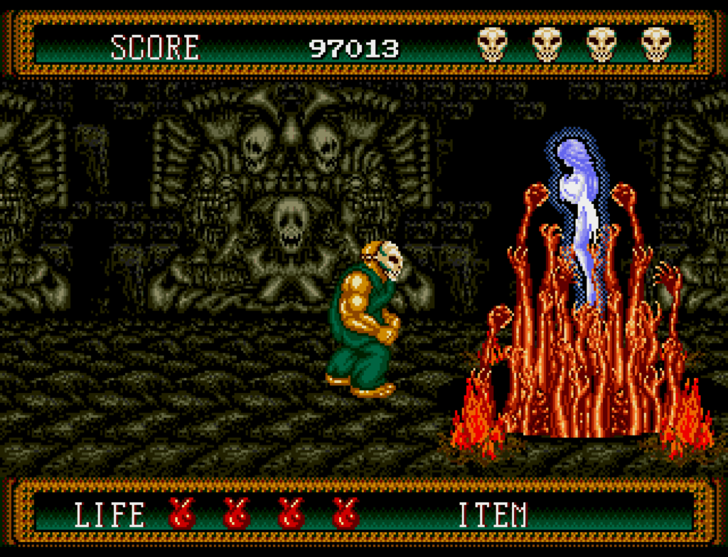 Rick approaches a glowing blue Jennifer with hands reach up toward her from the ground.