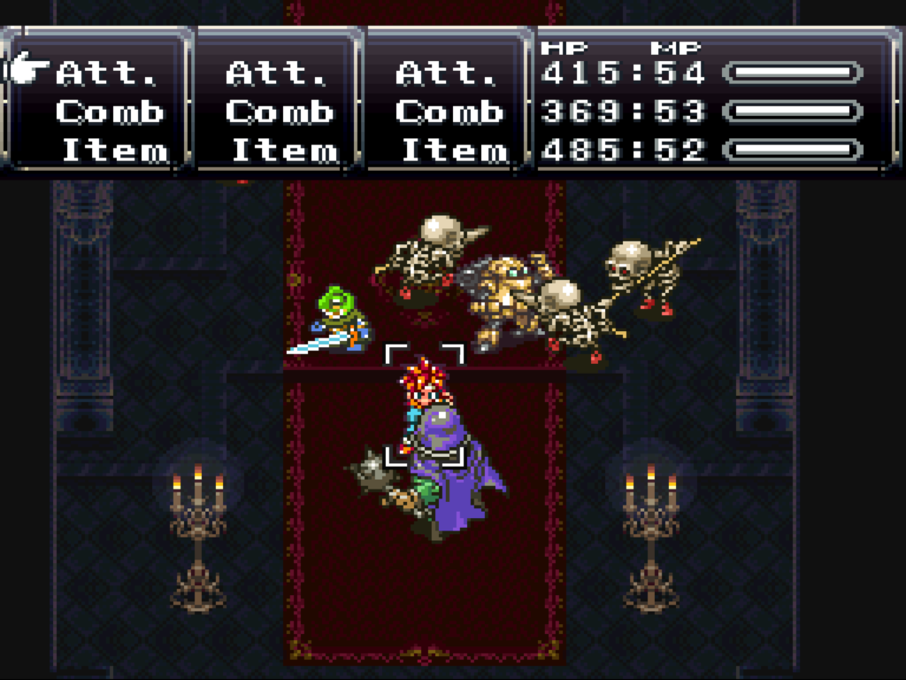 Crono, Robo and Frog battle against undead enemies inside Magus' castle.