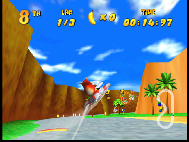 Conker rides atop an airplane in the ancient lake stage.