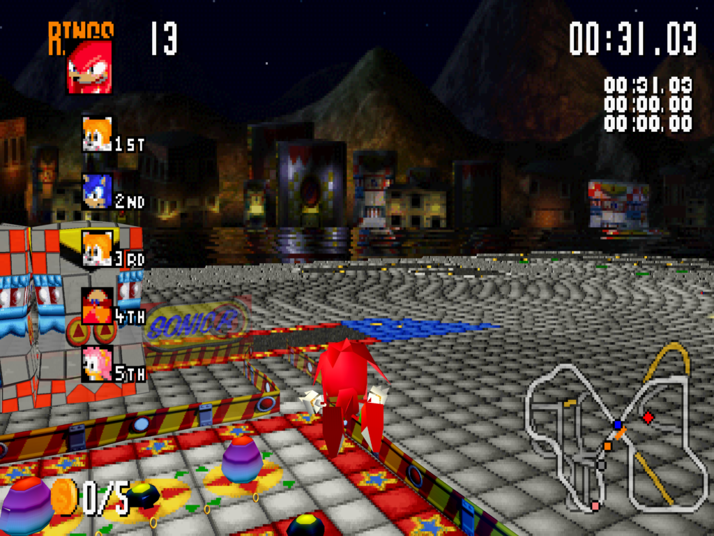 Knuckles flies above an area with pinball like bumpers.