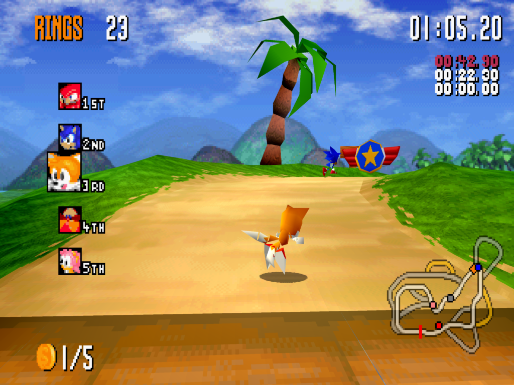 Tails hovering above the ground while following Sonic.