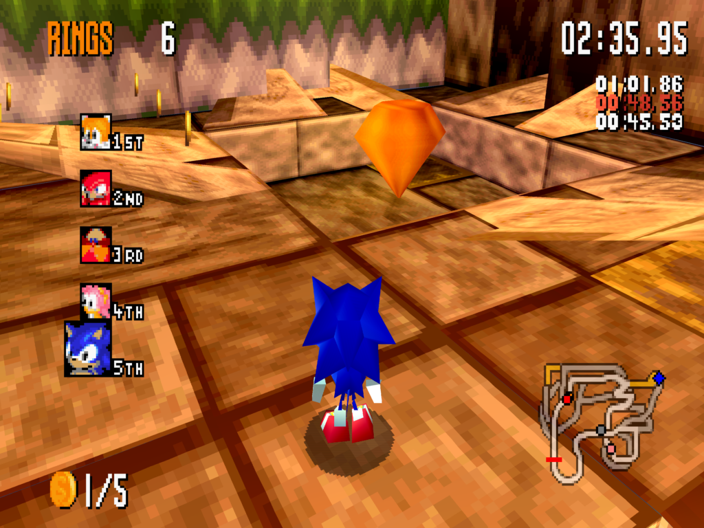 Sonic stands in front of a chaos Emerald in the ruins stage.